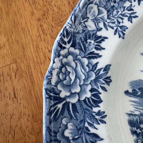 English Village Olde Staffordshire Blue Transferware Oval Serving Platter 10x12" - Picture 10 of 12